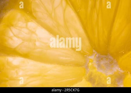 A mesmerizing macro capture of a lemon slice, brilliantly backlit, showcasing its vibrant colors and intricate texture Stock Photo