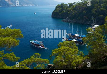 Excursion boats, Blue Voyage in Oeluedeniz near Fethiye, Turkish Aegean, Coast, Turkey Stock Photo