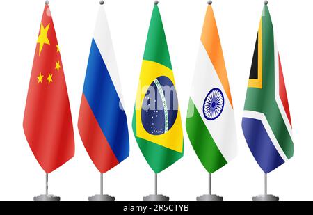 Five BRICS countries flags on flag stands, vector Stock Vector