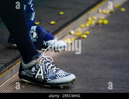 New York Yankees designated hitter Aaron Judge wears custom cleats in the  dugout before a baseball game against the Seattle Mariners, Wednesday, May  31, 2023, in Seattle. (AP Photo/Lindsey Wasson Stock Photo 