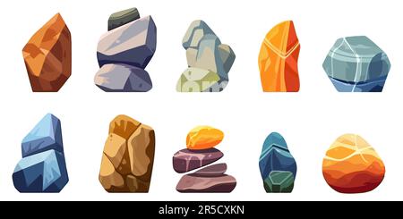 Set of various stones or minerals. Colored stones on white background. Vector illustration Stock Vector