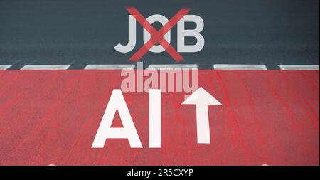 Road with the word job crossed, AI technology in competition with human resource, manpower against cyborg machine, replacement of worker Stock Photo