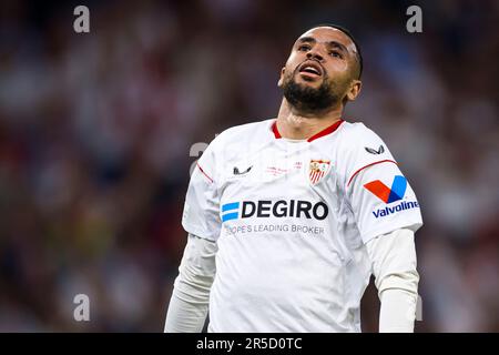 Budapest, Hungary. 31 May 2023. Youssef En-Nesyri of Sevilla FC looks dejected during the UEFA Europa League final football match between Sevilla FC and AS Roma. Credit: Nicolò Campo/Alamy Live News Stock Photo