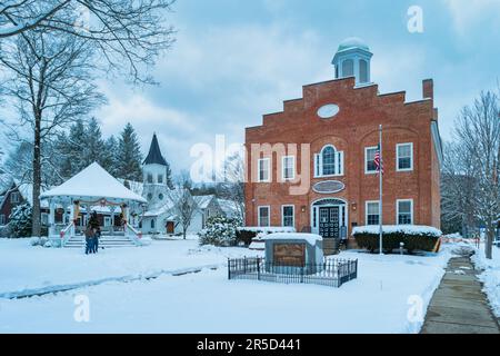 Downtown Ellicottville and Town Hall, New York State, USA in winter. Stock Photo