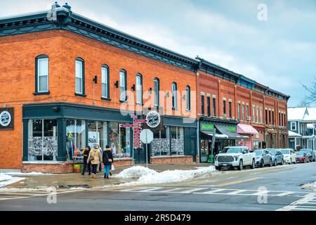 Stores in downtown Ellicottville, New York State, USA in winter. Stock Photo