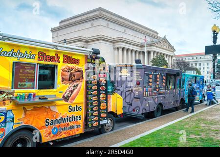 Food Trucks on Constitution Avenue in downtown Washington DC, USA. Stock Photo