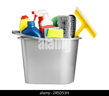 Grey bucket and many different car wash products on white background Stock Photo