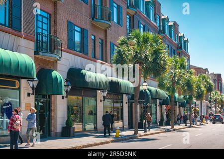 Upscale stores on King Street in downtown Charleston, South Carolina, USA. Stock Photo