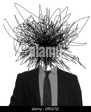 Creative artwork. Mess in head. Man with doodles instead of head on white background Stock Photo