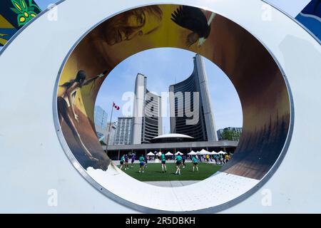 Toronto, Canada. 2nd June, 2023. Participants compete during the Rugby in the Square Tournament at Nathan Phillips Square in Toronto, Canada, on June 2, 2023. Credit: Zou Zheng/Xinhua/Alamy Live News Stock Photo