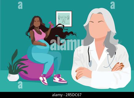 Pregnant woman visits her doctor, she is smiling and happy as everything is okay. Vector illustration Stock Vector