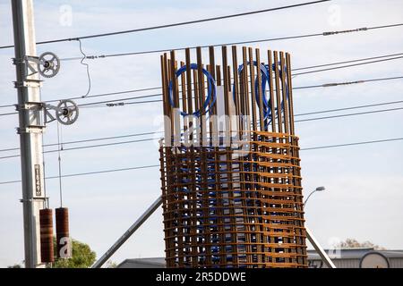 Rail bridge footing under construction, reinforcement steel bars joined ...