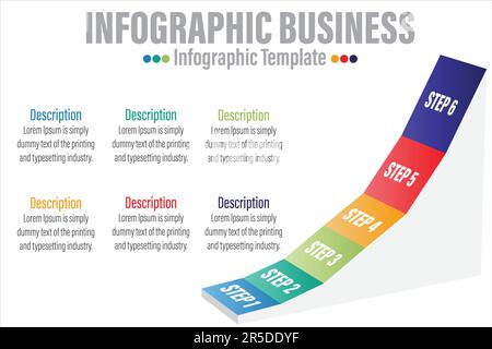 Concept business process with 6 Steps 6 successive steps. Three colorful graphic elements. Timeline design for brochure, presentation, web site. Infog Stock Vector