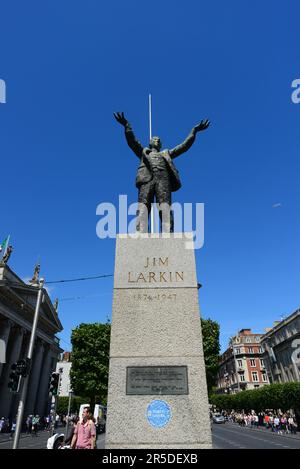 The Spire of Dublin rises behind the statue of Jim Larkin. Stock Photo