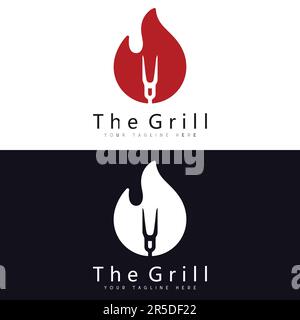 BBQ Grill Logo Design Fire Spoon Steak House Cooking Logotype Stock Vector