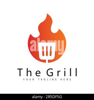 BBQ Grill Logo Design Fire Spoon Steak House Cooking Logotype Stock Vector