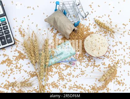 Wheat flour and wheat grain in a brown sack with UAE dirhams banknotes on white isolated background. Stock Photo