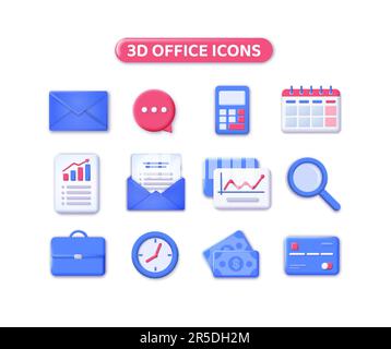 3d office icons set Stock Vector