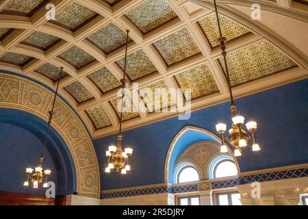 Beautiful patterned ceiling of one of the historic federal courthouse rooms at the Landmark Center in downtown St. Paul, Minnesota USA. Stock Photo