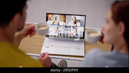 Virtual Video Conference Call Coffee Drinking Break Stock Photo