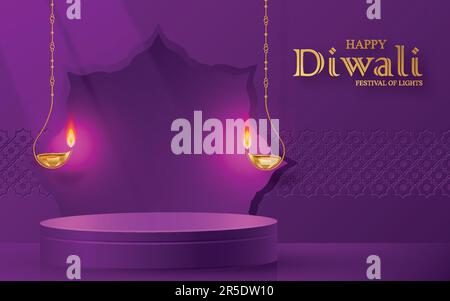 3d Podium round stage style, for Diwali, Deepavali or Dipavali, the Indian festival of lights with oriental objects on color background Stock Vector