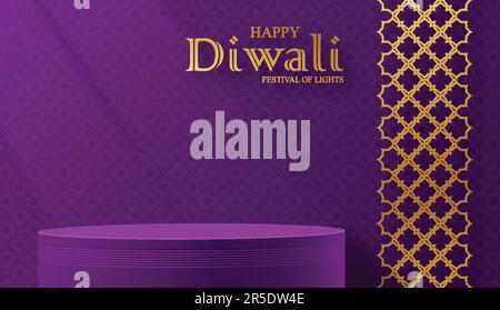 3d Podium round stage style, for Diwali, Deepavali or Dipavali, the Indian festival of lights with oriental objects on color background Stock Vector