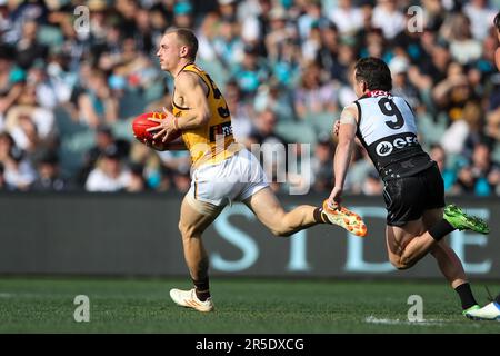 Adelaide, Australia. 03rd June, 2023. Junior Rioli of the Power snaps a  goal during the AFL Round 12 match between the Port Adelaide Power and the  Hawthorn Hawks at the Adelaide Oval