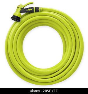 Gardening tool equipment. Garden green hose pipe with spray gun for lawn watering. Top view isolated on white background. Watering the courtyard and t Stock Photo