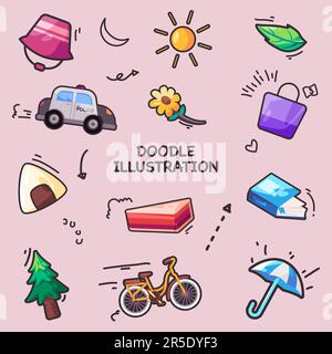 Doodle illustration girly style pink background icon of tree bicycle umbrella cake onigiri bag flower leaf sun and hat set collection Stock Vector