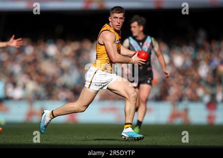 Adelaide, Australia. 03rd June, 2023. Junior Rioli of the Power snaps a  goal during the AFL Round 12 match between the Port Adelaide Power and the  Hawthorn Hawks at the Adelaide Oval