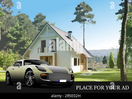 Elegant modern house with its gardens and a parked car. 3d color vector illustration Stock Vector