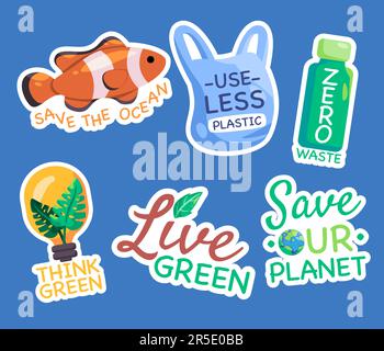 Sticker set graphic collection of save the ocean use less plastic zero waste think green live green save our planet Stock Vector