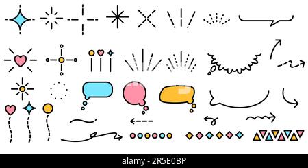 scribble hand drawn pen line art blue pink and yellow color sticker sparkling star shiny sun decorative Stock Vector