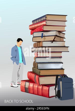 Abstract composition with boy school and book stacks. Back to school. Vector 3d illustration Stock Vector