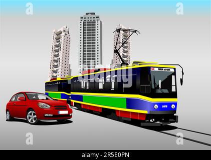 Red car sedan and city tram on the road. Vector 3d illustration Stock Vector