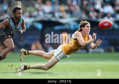Adelaide, Australia. 03rd June, 2023. Junior Rioli of the Power snaps a  goal during the AFL Round 12 match between the Port Adelaide Power and the  Hawthorn Hawks at the Adelaide Oval