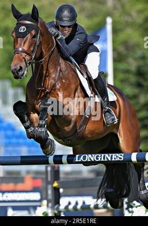 Langley, Canada. 2nd June, 2023. Shawn Casady competes at the Longines FEI Jumping Nations Cup of Canada in Langley, Canada, on June 2, 2023. Credit: Andrew Soong/Xinhua/Alamy Live News Stock Photo