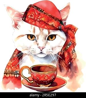 Turkish Cat with coffee cup. Muslim cat with turban. Watercolor Vector illustration for coffee houses. Isolated on white background. Can be used for m Stock Vector