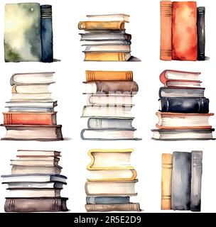 books watercolor for print design. Education, knowledge concept. Hand drawn vector illustration. Vintage vector texture. Old paper. Stock Vector