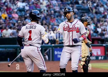 Phoenix, United States. 03rd June, 2023. Atlanta Braves left fielder Eddie  Rosario (8) triples during a MLB game against the Arizona Diamondbacks,  Saturday, Jun 3, 2023, at Chase Field in Phoenix, AZ.