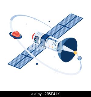 Flat 3d Isometric Space Satellite Orbiting with Planet on Space. Satellite Technology and Communication Concept. Stock Vector