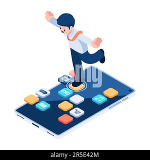 Flat 3d Isometric Businessman Jumping on Smartphone Application. Mobile App Development and Smartphone Addiction Concept. Stock Vector