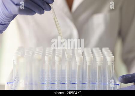 Scientist examines liquids samples working in laboratory Stock Photo
