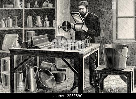 Installation for electric welding of metals, late 19th century. Old 19th century engraving from La Nature 1887 Stock Photo