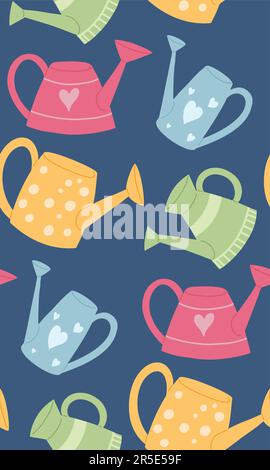 Childish vector pattern with colorful watering cans on a blue background. Texture with gardening tools. Background with sprinklers toys for wrapping Stock Vector
