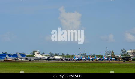 Langkawi, Malaysia - May 28, 2023. Military aircarfts waiting at Langkawi Airport (LGK), Malaysia. Stock Photo