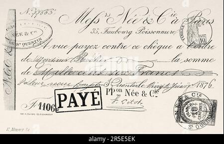 Forged check from the late 19th century, France. Old 19th century engraving from La Nature 1887 Stock Photo