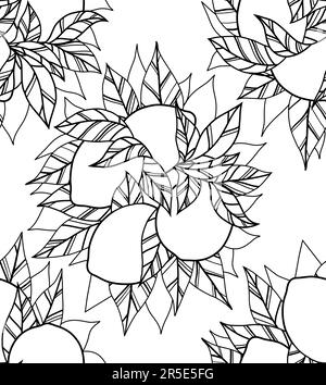 Vector monochrome pattern with contour bush of citrus fruits with leaves. Seamless texture with bunch of outline lemons with foliage Stock Vector