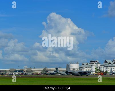 Langkawi, Malaysia - May 28, 2023. Military aircarfts waiting at Langkawi Airport (LGK), Malaysia. Stock Photo