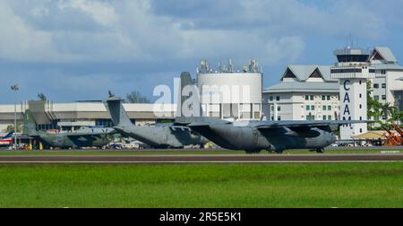 Langkawi, Malaysia - May 28, 2023. Military aircarfts waiting at Langkawi Airport (LGK), Malaysia. Stock Photo